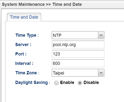 a screenshot of Vigor3900 Time and Date Settings